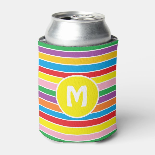 Bright Colorful Rainbow Striped Monogrammed Can Cooler (Can Front)