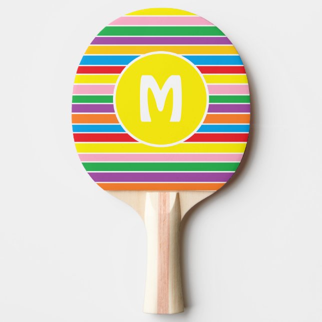 Bright Colorful Rainbow Striped Monogrammed Ping Pong Paddle (Front)