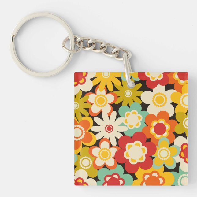 Bright Colorful Retro Cute Floral Pattern Key Ring (Front)