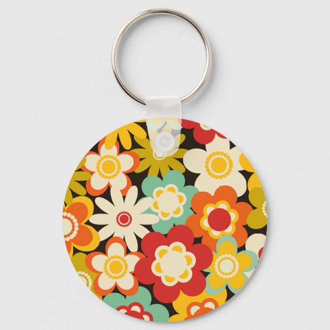 Bright Colorful Retro Cute Floral Pattern Key Ring (Front)