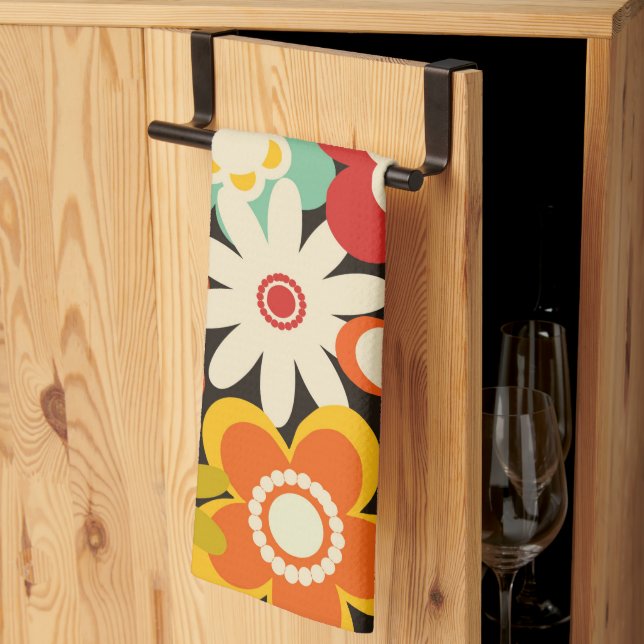 Bright Colorful Retro Cute Floral Pattern Tea Towel (Thirds Fold)