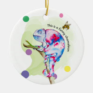 Bright colorful watercolor chameleon and bee. ceramic tree decoration