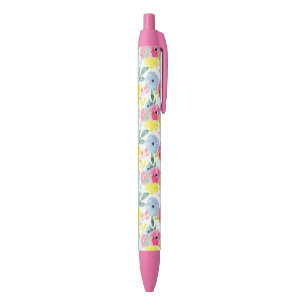 Bright Colorful Watercolor Floral Pattern Black Ink Pen