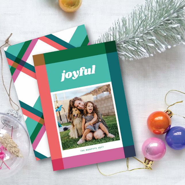 Bright Colour Block Frame One Photo Christmas Card (Creator Uploaded)
