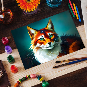 bright colour fantasy redhead white cat animal postcard