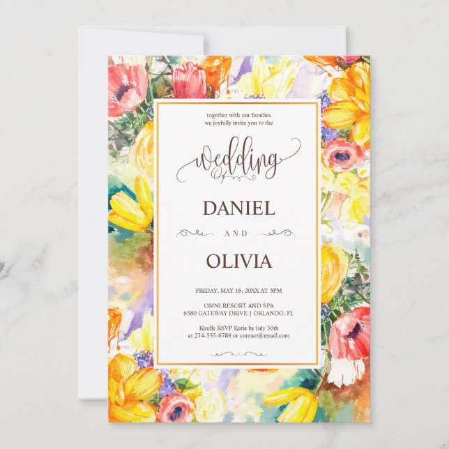Bright Colour Retro Floral Golden Modern Wedding  Invitation (Front)