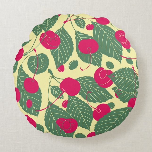 Bright colour summer pattern with cherries. Illust Round Cushion (Front)
