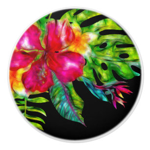 Bright Colour Tropical Floral Hibiscus & Leaves Ceramic Knob