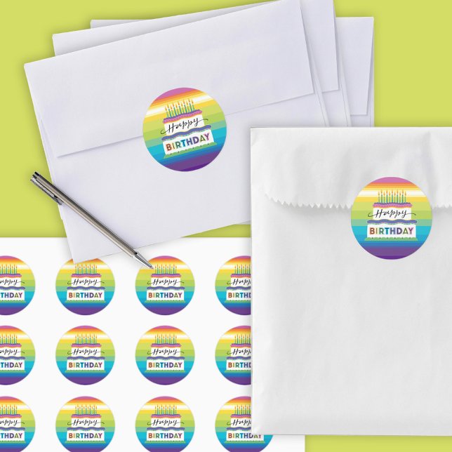 Bright Coloured Birthday Cake With Candles Classic Classic Round Sticker (Creator Uploaded)