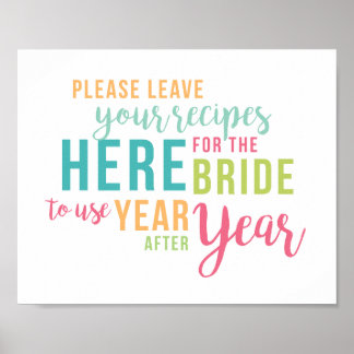 Bright Coloured Bridal Shower Recipe Card Sign