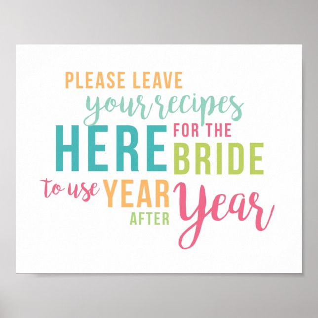Bright Coloured Bridal Shower Recipe Card Sign (Front)