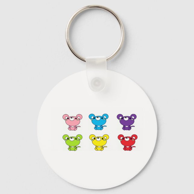 Bright Coloured Cartoon Mice in Rows Key Ring (Front)