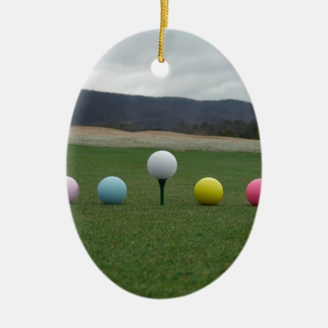 bright coloured Golf Balls on a mountain Ceramic Tree Decoration (Front)