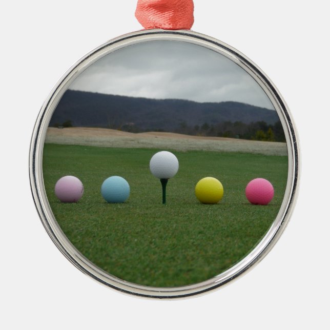 bright coloured Golf Balls on a mountain Metal Tree Decoration (Front)