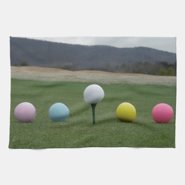 bright coloured Golf Balls on a mountain Tea Towel (Horizontal)