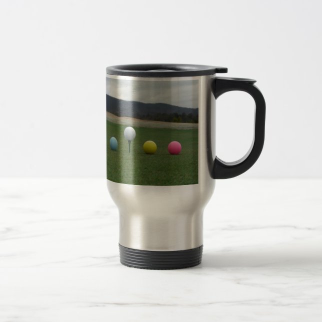 bright coloured Golf Balls on a mountain Travel Mug (Right)
