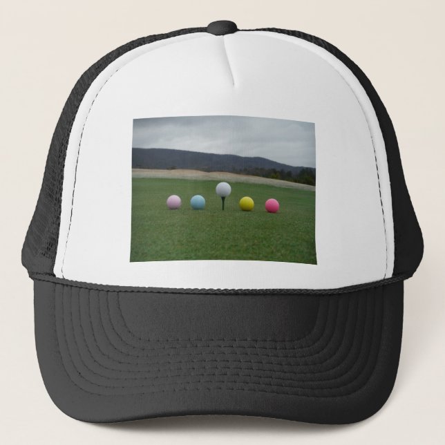 bright coloured Golf Balls on a mountain Trucker Hat (Front)