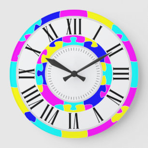 Bright Coloured Pink Blue, Yellow Jigsaw Puzzle Ar Large Clock