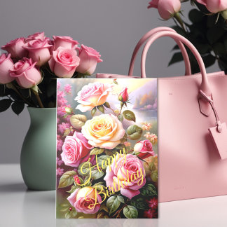 Bright Coloured Pink Yellow Roses Floral Watercolo Card