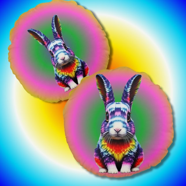 Bright coloured Rabbit Hippy Groovy Bunny  Round Cushion (Creator Uploaded)