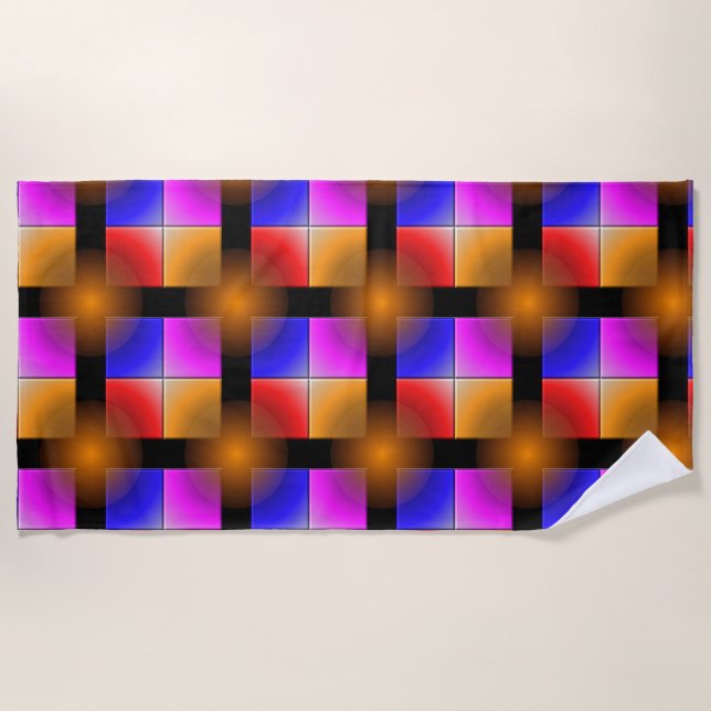 Bright coloured squares on black background beach towel (Front)