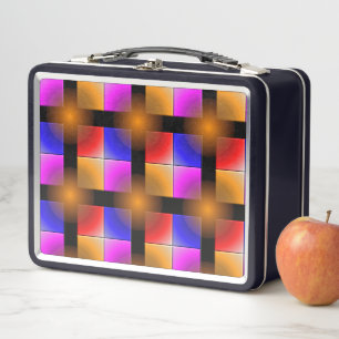 Bright coloured squares on black background  metal lunch box