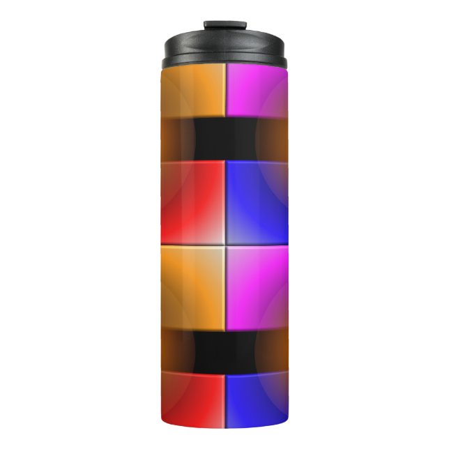 Bright coloured squares on black background  thermal tumbler (Front)