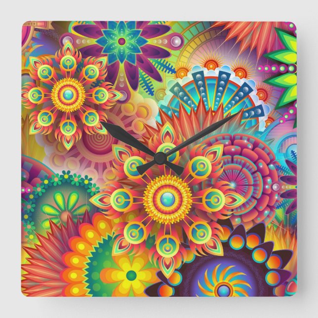 Bright Colourful Abstract Flower Pattern Square Wall Clock (Front)