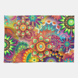 Bright Colourful Abstract Flower Pattern Tea Towel