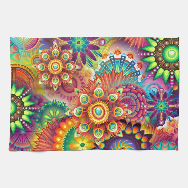 Bright Colourful Abstract Flower Pattern Tea Towel (Horizontal)