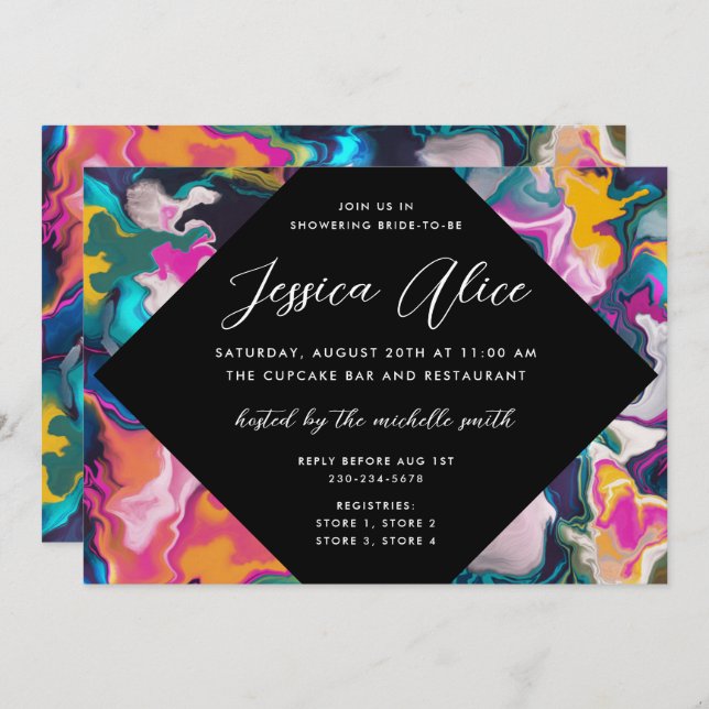 Bright & Colourful Abstract Marbling Bridal Shower Invitation (Front/Back)