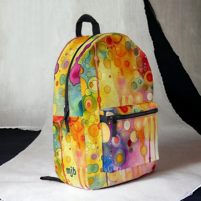Bright Colourful Abstract Painting with Monogram Printed Backpack (Personalize this colorful backpack with your monogram initials.)