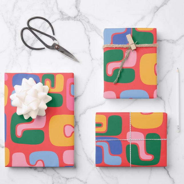 Bright Colourful Abstract Shapes in Yellow Red Blu Wrapping Paper Sheet (Front)
