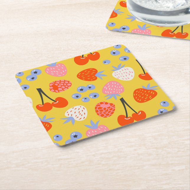 Bright Colourful Berry Fruit Pattern Square Paper Coaster (Angled)