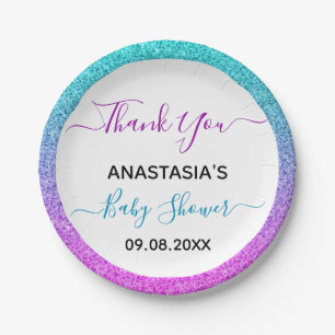 Bright Colourful Blue Purple Thank You Baby Shower Paper Plate