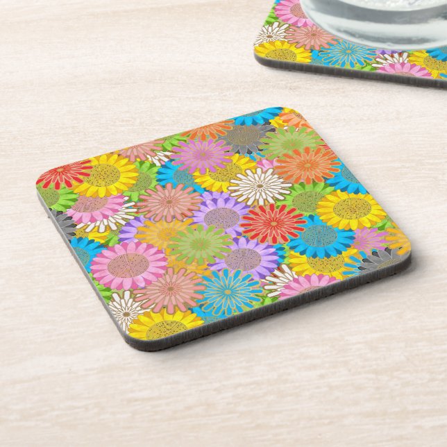 Bright Colourful Busy Chaotic Hippy Flower Pattern Coaster (Left Side)