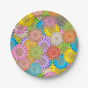 Bright Colourful Busy Chaotic Hippy Flower Pattern Paper Plate