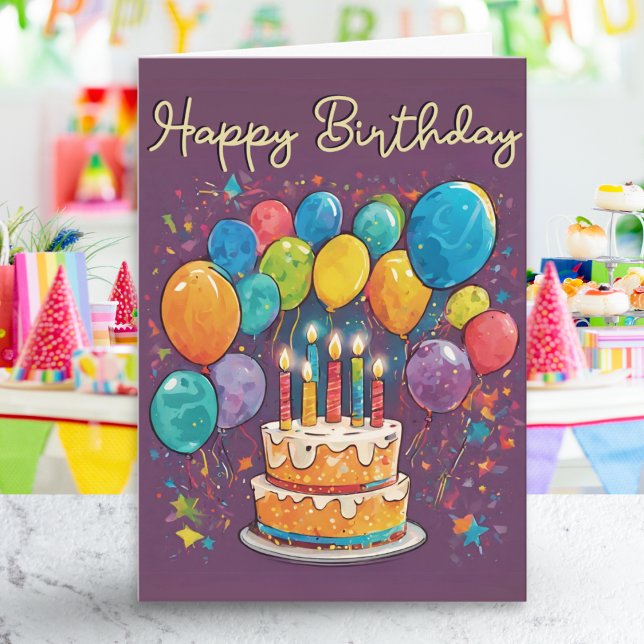Bright Colourful Cake Party Balloons Birthday Card (A bright, colorful birthday card with picture of a cake with candles and balloons)