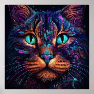 Bright Colourful Cat Face Wall Poster Print