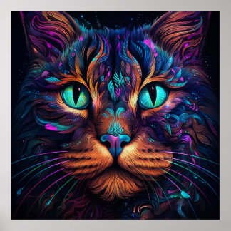 Bright Colourful Cat Face Wall Poster Print
