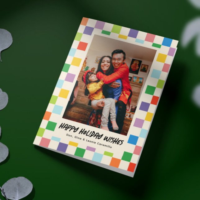Bright Colourful Chequerboard Folded Photo Holiday Card (folded colorful checkerboard pattern one photo family holiday card)