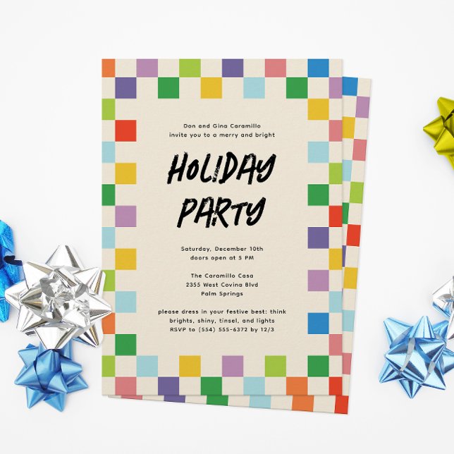 Bright Colourful Chequerboard Holiday Party Card (happy holiday party invitation with a border of rainbow color checkerboard squares and custom text)