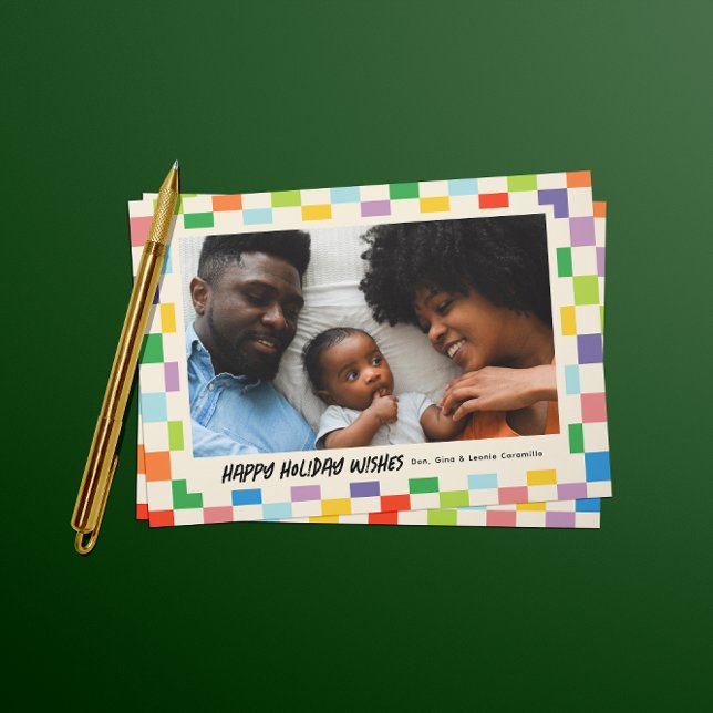 Bright Colourful Chequerboard Holiday Postcard (colorful checkerboard patterned landscape photo Christmas holiday postcard)