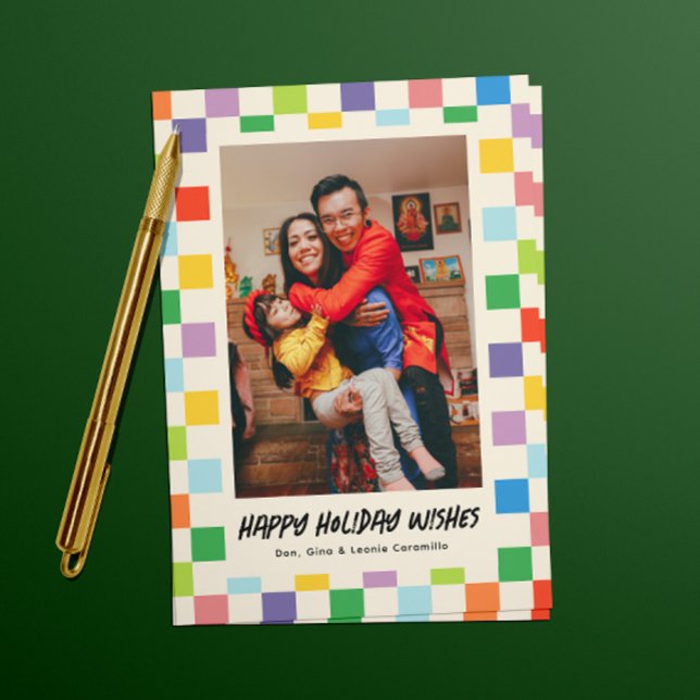 Bright Colourful Chequerboard Photo Holiday (colorful checkerboard patterned happy holiday one photo card)