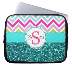 Bright Colourful Chevrons Teal Turquoise Glitter Laptop Sleeve