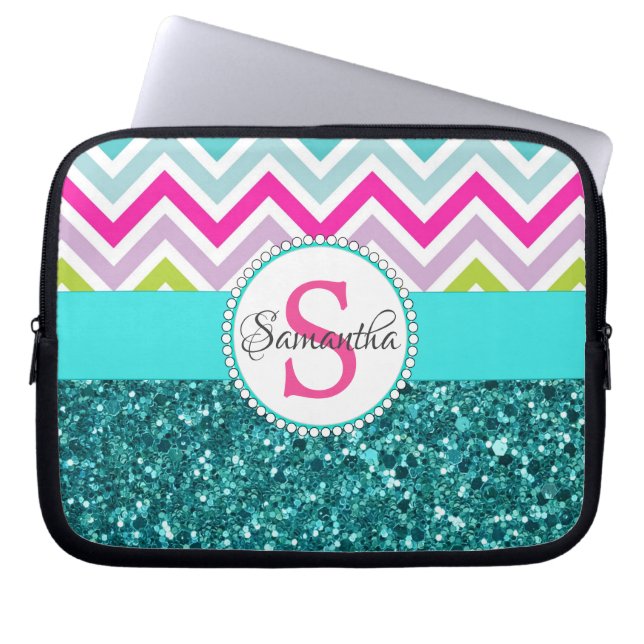Bright Colourful Chevrons | Teal Turquoise Glitter Laptop Sleeve (Front)