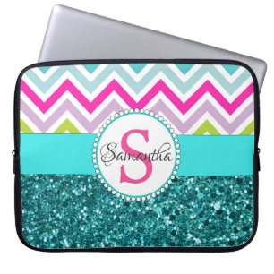 Bright Colourful Chevrons Teal Turquoise Glitter Laptop Sleeve