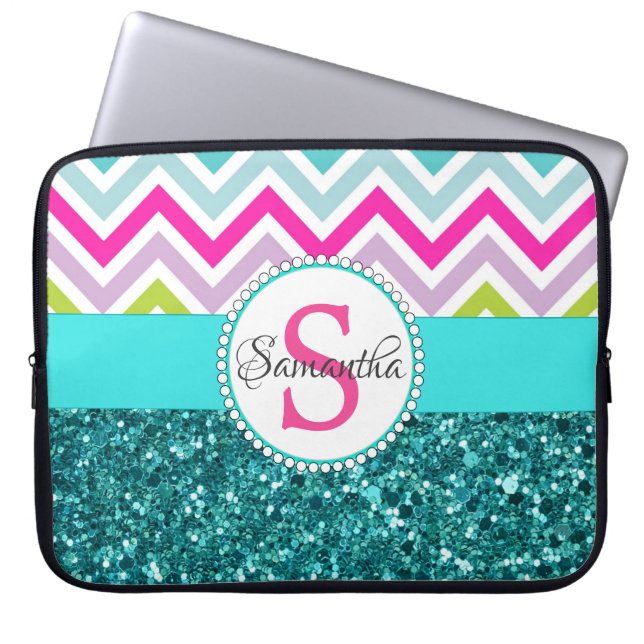Bright Colourful Chevrons | Teal Turquoise Glitter Laptop Sleeve (Front)