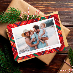 Bright colourful Christmas plaid one photo Holiday Card