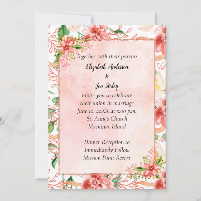 Bright Colourful Coral Peach Floral Invitation (Front)